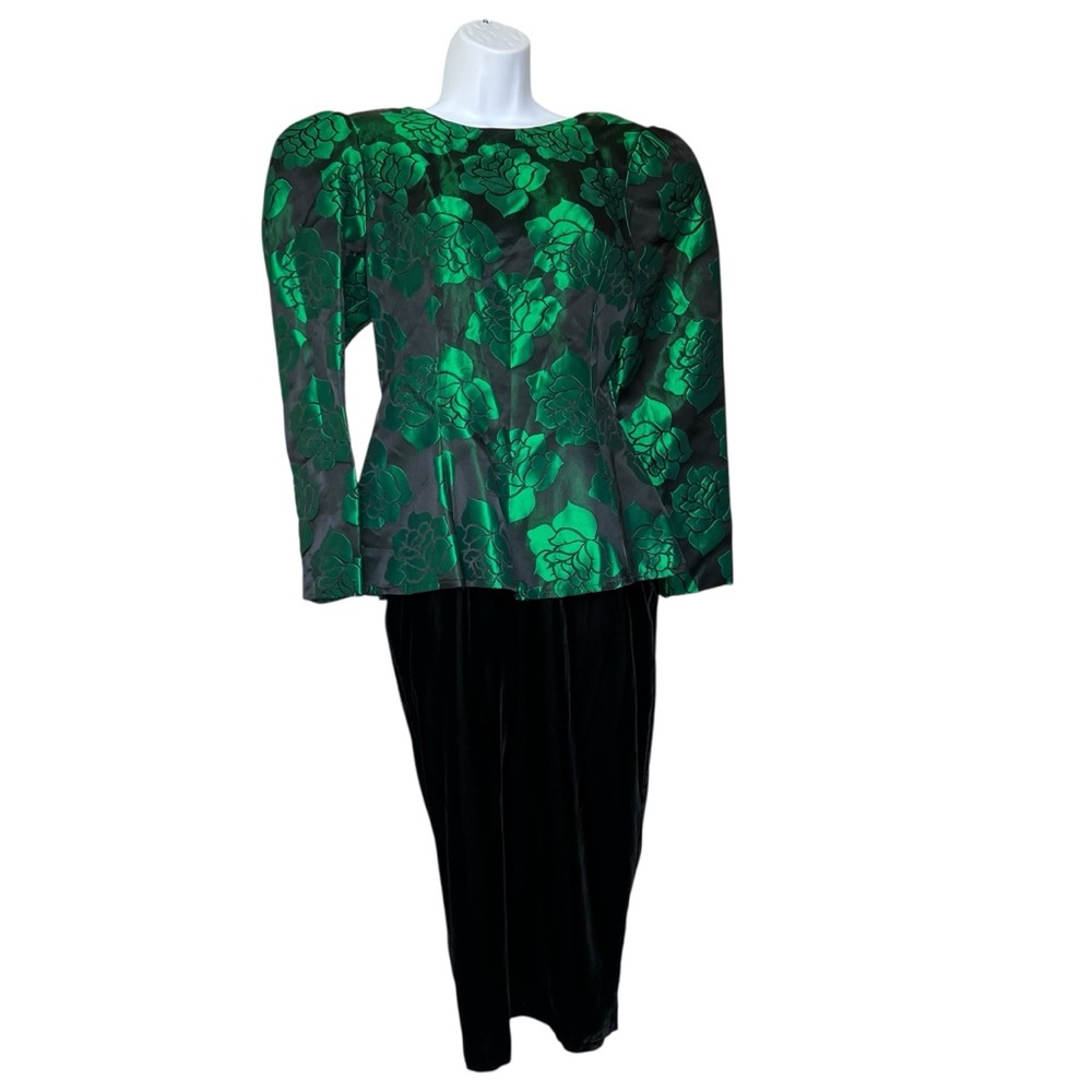 Vintage Scott McClintock Puff Sleeves Hunter Green Brocade Peplum Velvet Gown